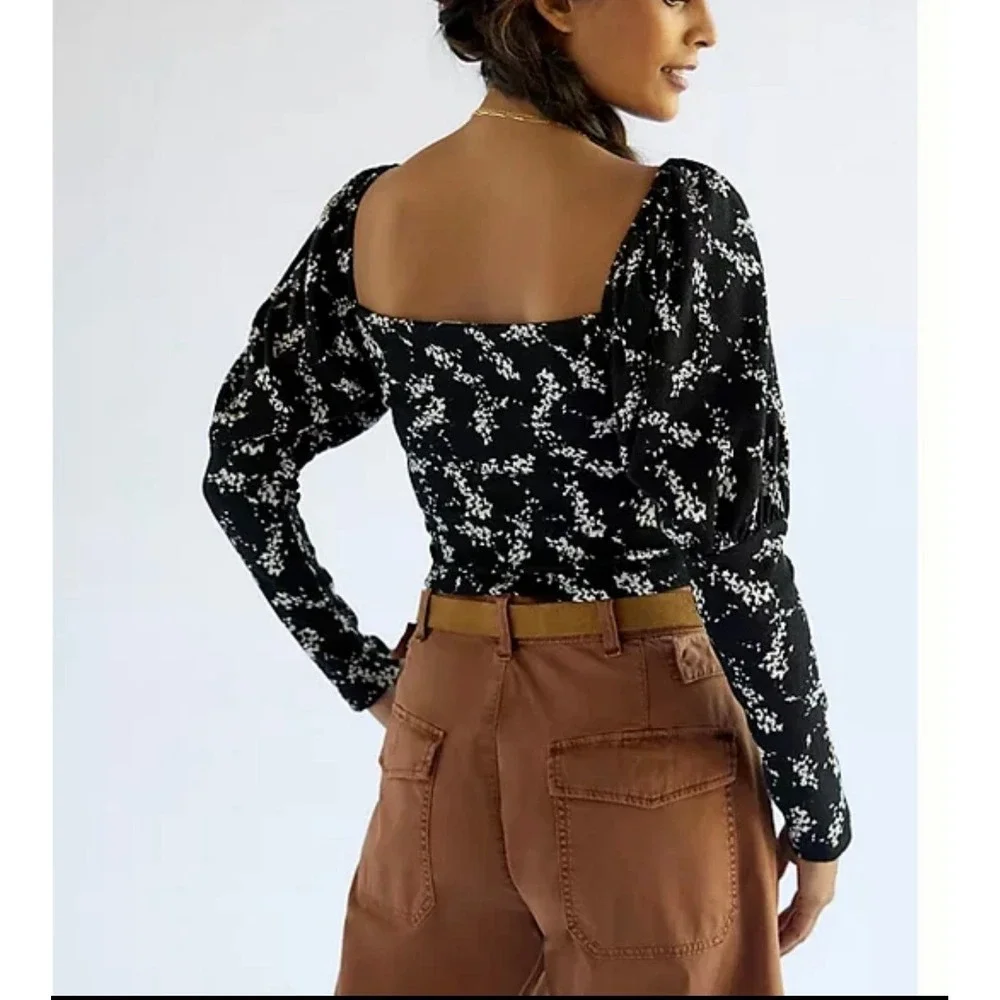 Anthropologie Blouse L Black Floral Puff Sleeve Sweetheart Crop Romantic Boho